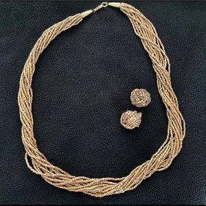 Gold Beaded Rope Necklace and Earrings Set